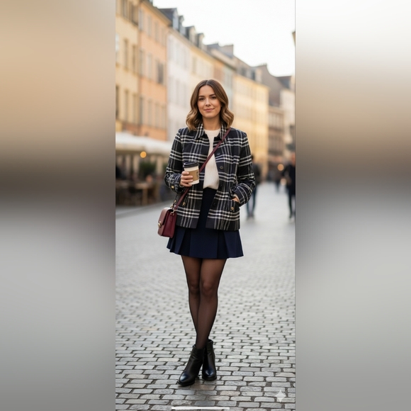 Jones New York Signature Black & White Plaid Belted Button-Up Jacket - Picture 1 of 10